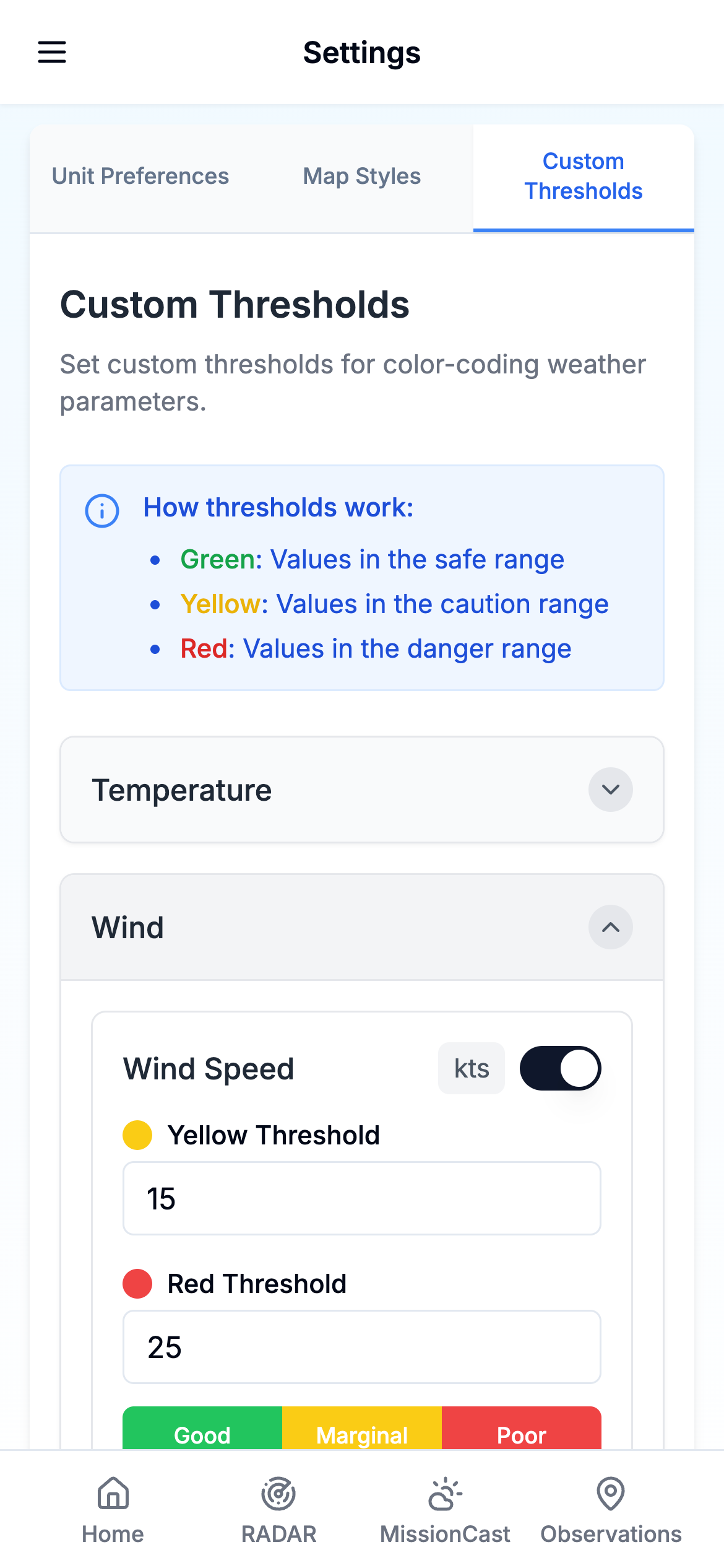 Custom Thresholds Settings