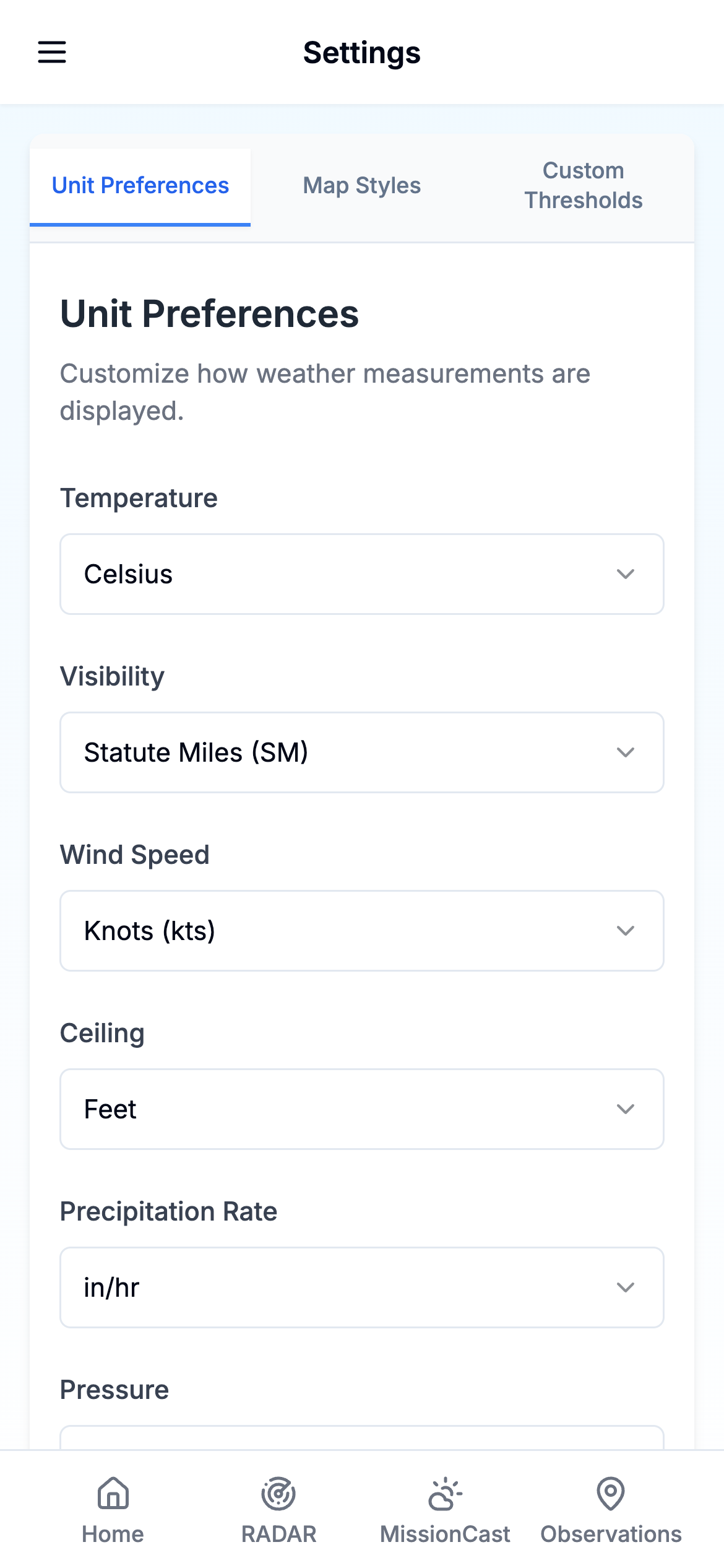 Unit Preferences Settings